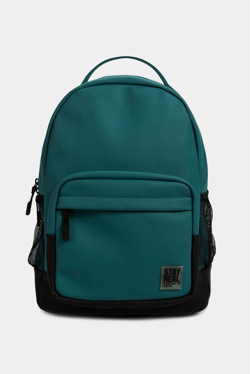 Bolso tipo tula morral estructurado para mujer en sintetico liso con textura nubucada y bolsillo frontal con mallas laterales en contraste