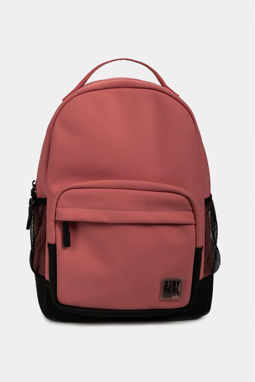 Bolso tipo tula morral estructurado para mujer en sintetico liso con textura nubucada y bolsillo frontal con mallas laterales en contraste