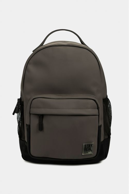 Bolso tipo tula morral estructurado para mujer en sintetico liso con textura nubucada y bolsillo frontal con mallas laterales en contraste