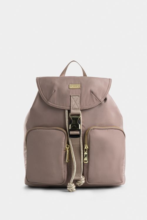Bolso tipo tula morral para mujer en lona con tapa y bolsillos frontales