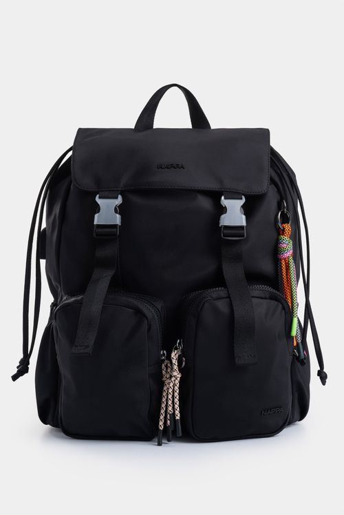 Bolso tipo tula morral en textil para mujer con bolsillo frontal removible