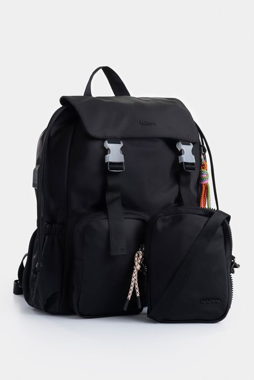 Bolso tipo tula morral en textil para mujer con bolsillo frontal removible